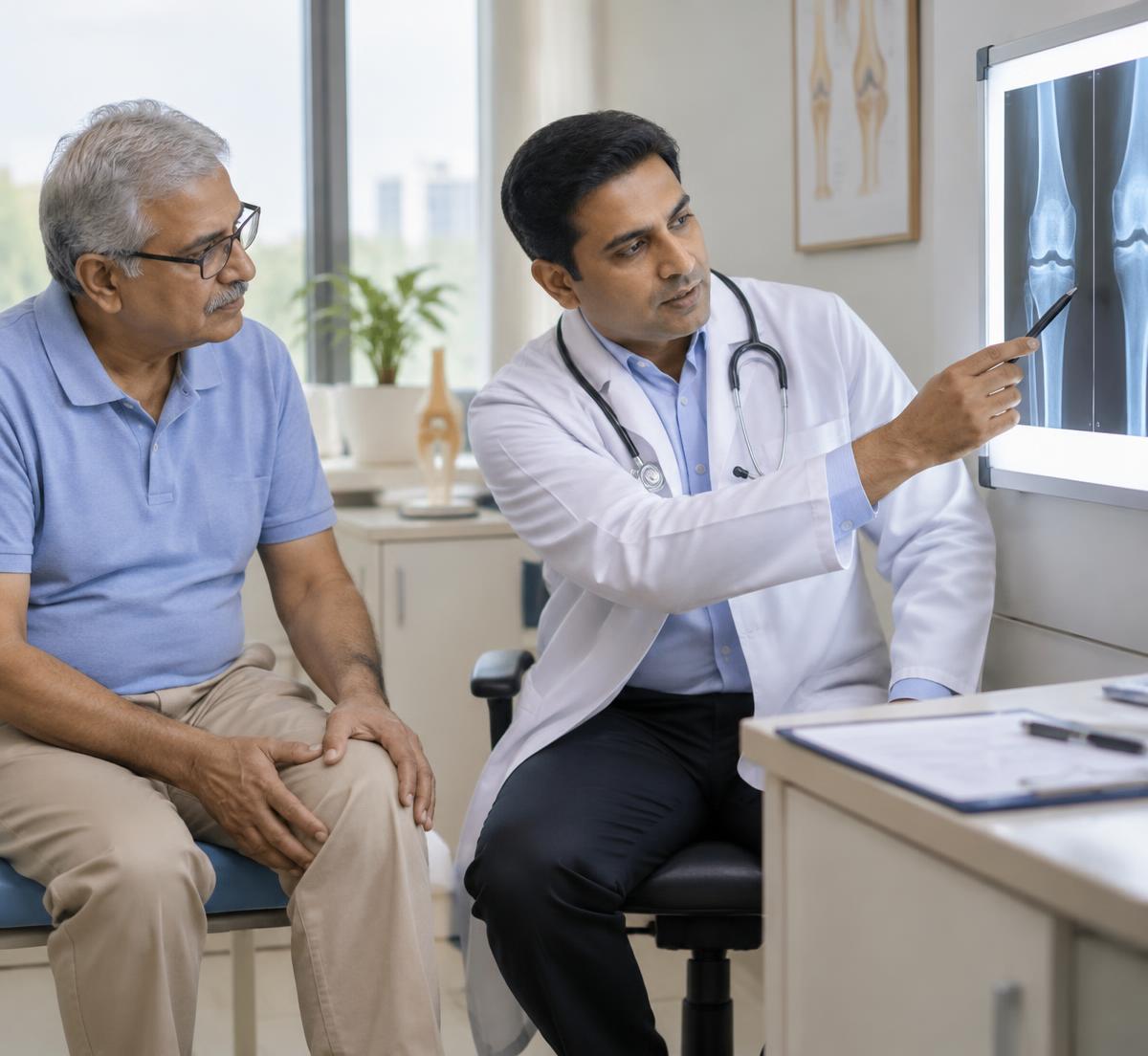 Doctor explaining a knee X-ray to an older patient