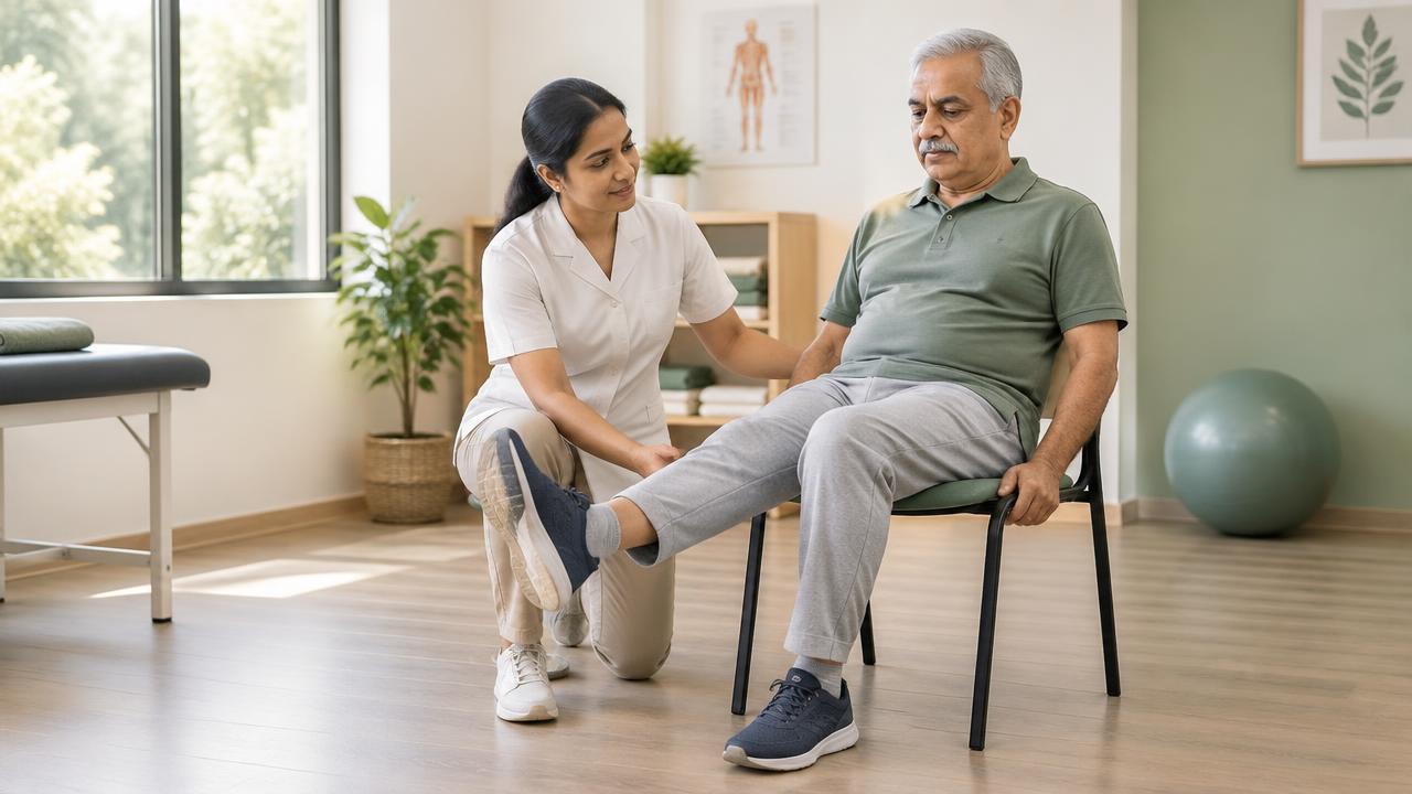 Therapist guiding an older man through a seated leg movement