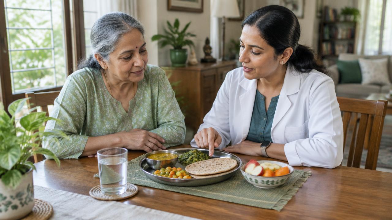 Doctor discussing a balanced meal with an older woman